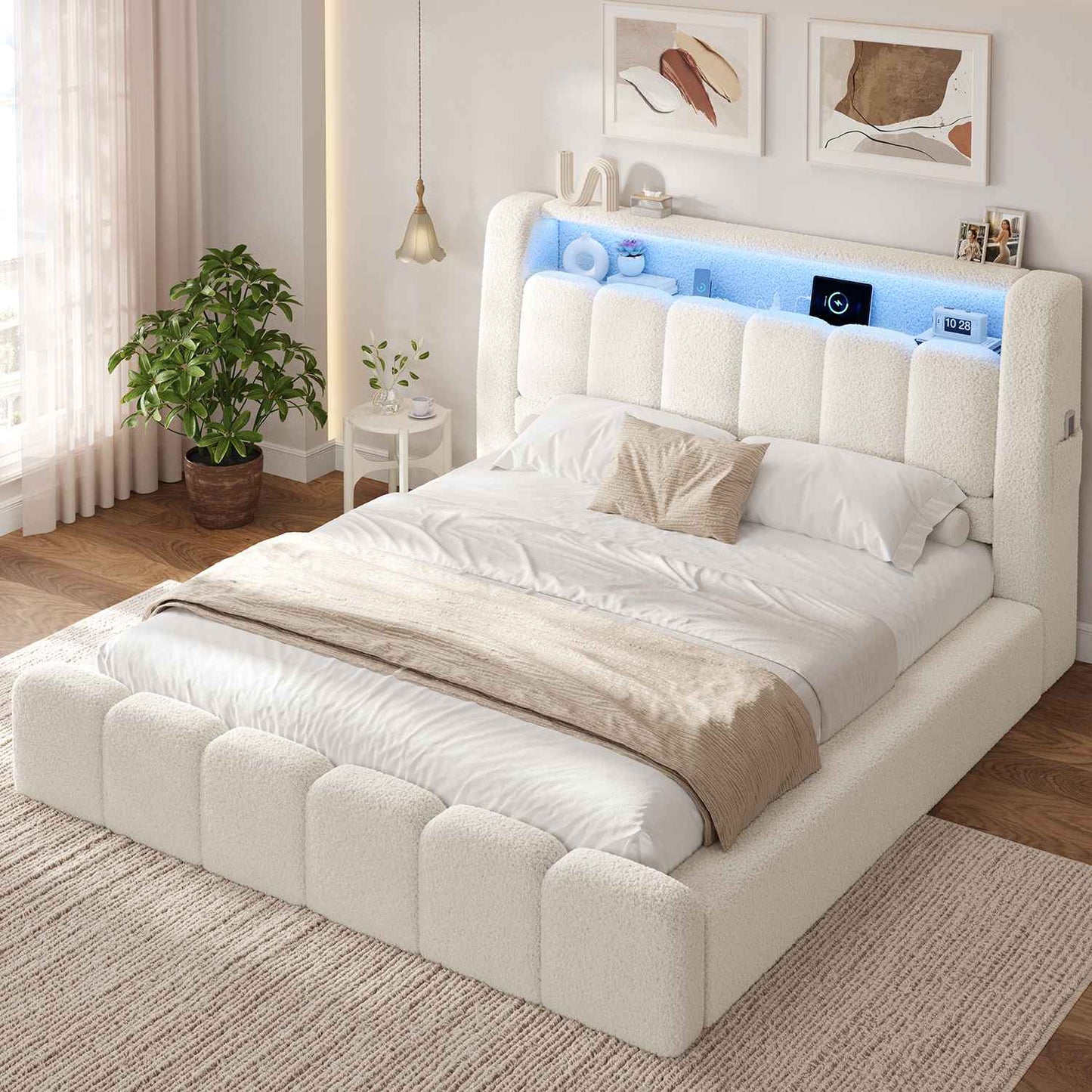 ADORNEVE Full Size Cloud Bed Frame with Headboard Upholstered Boucle Bed Frame whit LED Lights and Charging Station