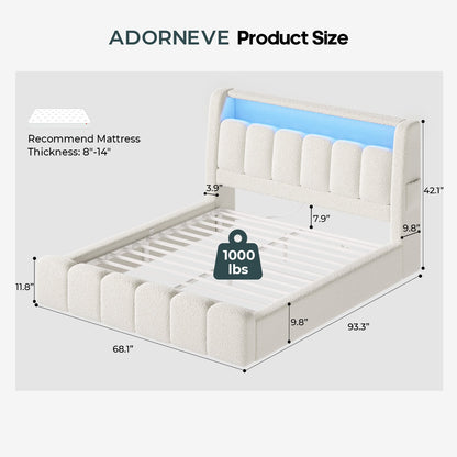 ADORNEVE Cloud Queen Upholstered Bed Frame with LED Lights and Charging Station Foam Fully Cushioned Platform Soft Rounded Corners Rounded Corners Design