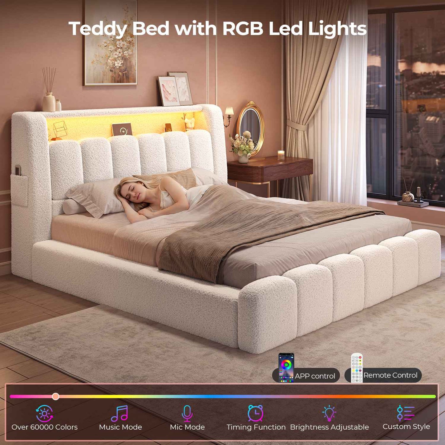 ADORNEVE Full Size Cloud Bed Frame with Headboard Upholstered Boucle Bed Frame whit LED Lights and Charging Station