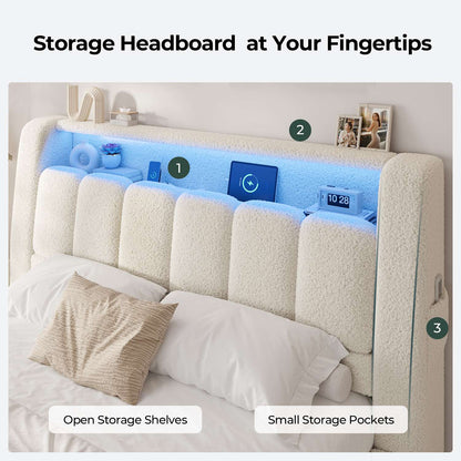 ADORNEVE Full Size Cloud Bed Frame with Headboard Upholstered Boucle Bed Frame whit LED Lights and Charging Station