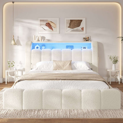 ADORNEVE Cloud Queen Upholstered Bed Frame with LED Lights and Charging Station Foam Fully Cushioned Platform Soft Rounded Corners Rounded Corners Design