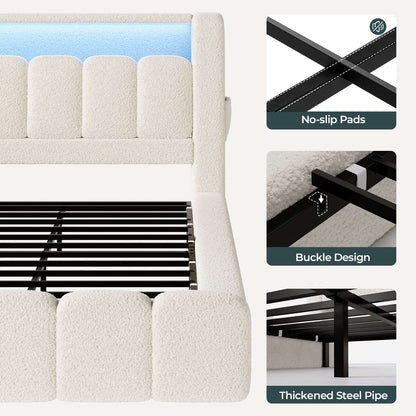 ADORNEVE King Size Cloud Bed Frame with Headboard and LED Lights Upholstered Boucle Bed Frame with Charging Station Thickened Foam Cushioned Rounded Corners Design