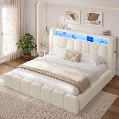 ADORNEVE King Size Cloud Bed Frame with Headboard and LED Lights Upholstered Boucle Bed Frame with Charging Station Thickened Foam Cushioned Rounded Corners Design