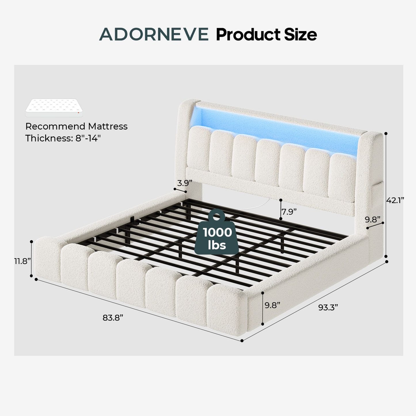 ADORNEVE King Size Cloud Bed Frame with Headboard and LED Lights Upholstered Boucle Bed Frame with Charging Station Thickened Foam Cushioned Rounded Corners Design