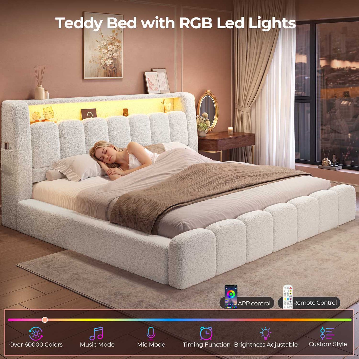 ADORNEVE King Size Cloud Bed Frame with Headboard and LED Lights Upholstered Boucle Bed Frame with Charging Station Thickened Foam Cushioned Rounded Corners Design