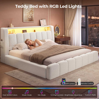 ADORNEVE King Size Cloud Bed Frame with Headboard and LED Lights Upholstered Boucle Bed Frame with Charging Station Thickened Foam Cushioned Rounded Corners Design