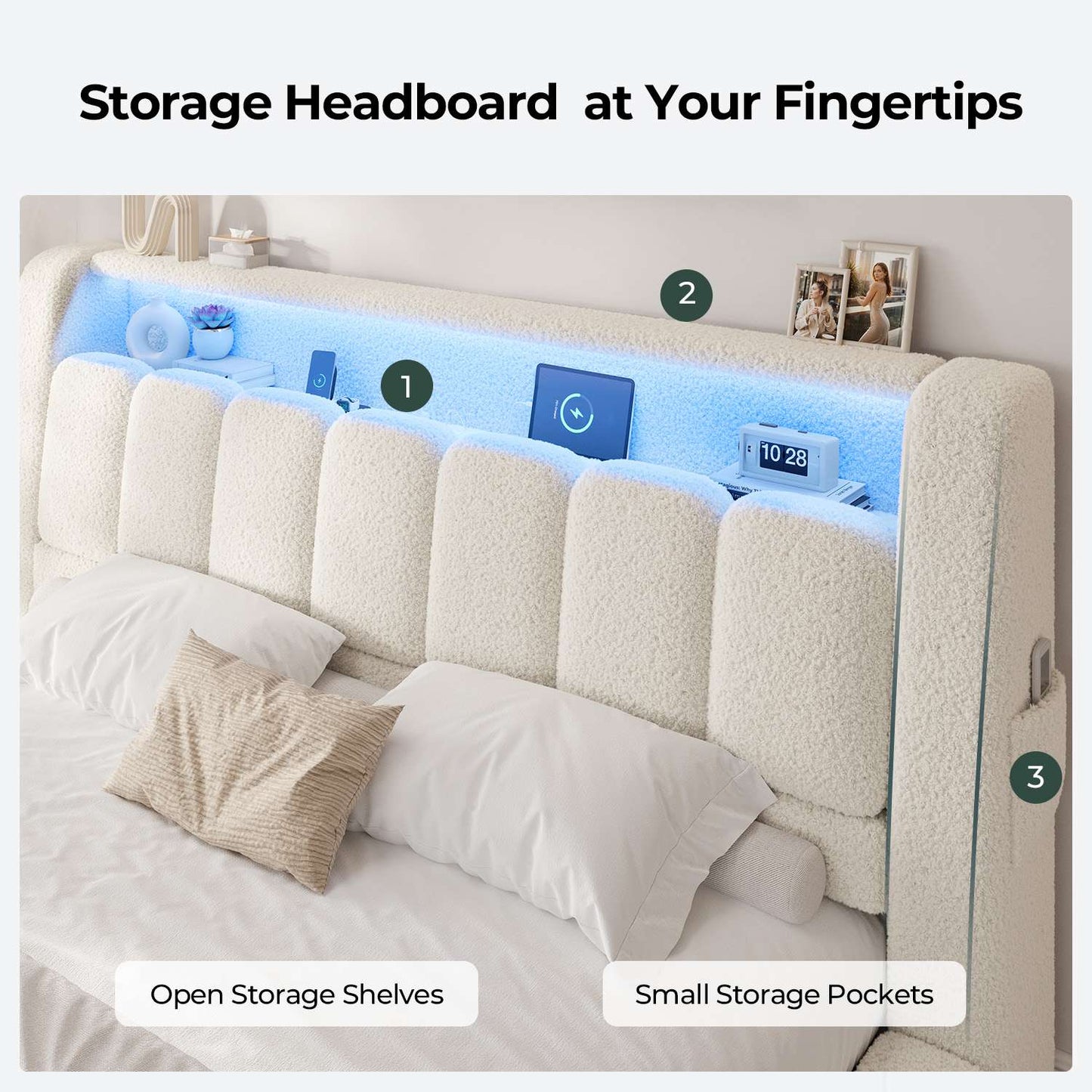 ADORNEVE King Size Cloud Bed Frame with Headboard and LED Lights Upholstered Boucle Bed Frame with Charging Station Thickened Foam Cushioned Rounded Corners Design
