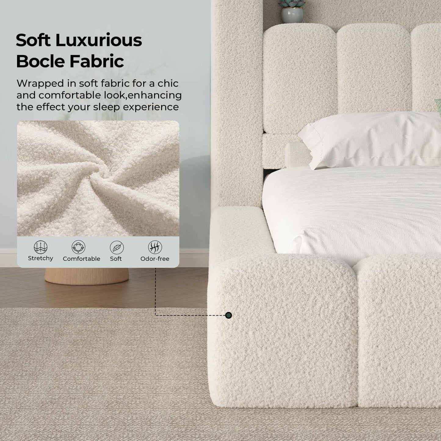 ADORNEVE King Size Cloud Bed Frame with Headboard and LED Lights Upholstered Boucle Bed Frame with Charging Station Thickened Foam Cushioned Rounded Corners Design