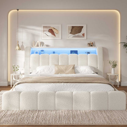 ADORNEVE King Size Cloud Bed Frame with Headboard and LED Lights Upholstered Boucle Bed Frame with Charging Station Thickened Foam Cushioned Rounded Corners Design