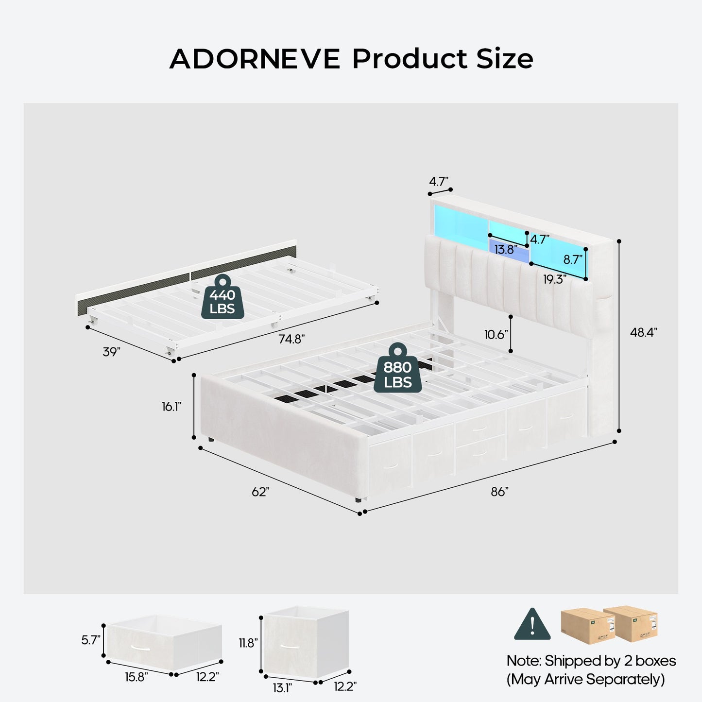 ADORNEVE Queen Bed Frame with 6 Drawers and Storage Headboard Velvet Platform Bed with LED Lights for Small Apartment Guest Room