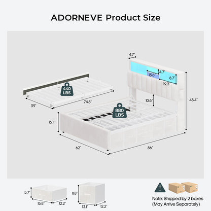 ADORNEVE Queen Bed Frame with 6 Drawers and Storage Headboard Velvet Platform Bed with LED Lights for Small Apartment Guest Room