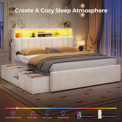 ADORNEVE Queen Bed Frame with 6 Drawers and Storage Headboard Velvet Platform Bed with LED Lights for Small Apartment Guest Room
