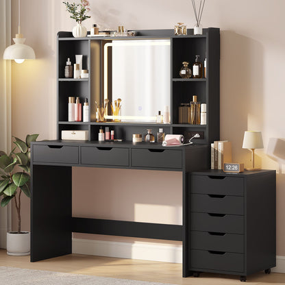 ADORNEVE Makeup Vanity with Rolling Drawer Cabinet and 8-Drawer 6 Shelves Vanity Desk with 3-Color LED Touch Mirror and Built-in Power Outlet