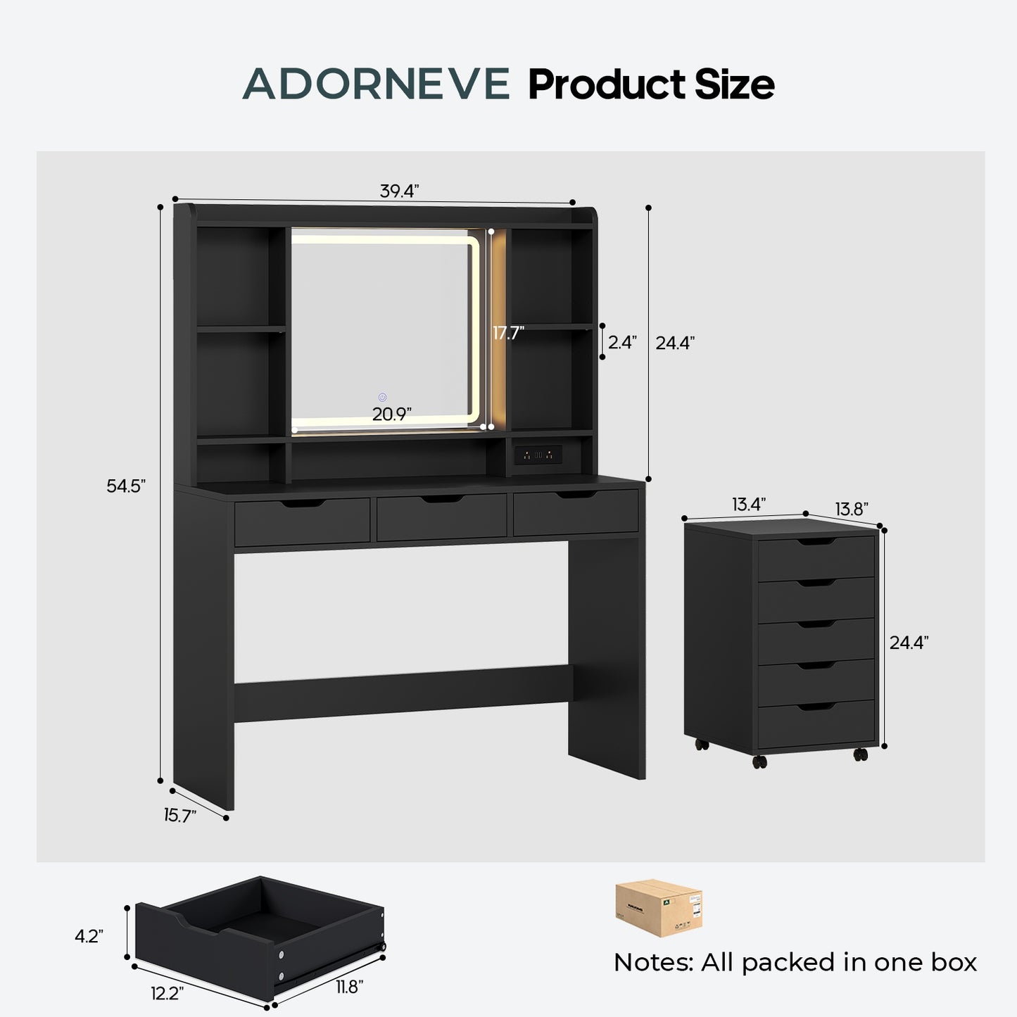 ADORNEVE Makeup Vanity with Rolling Drawer Cabinet and 8-Drawer 6 Shelves Vanity Desk with 3-Color LED Touch Mirror and Built-in Power Outlet
