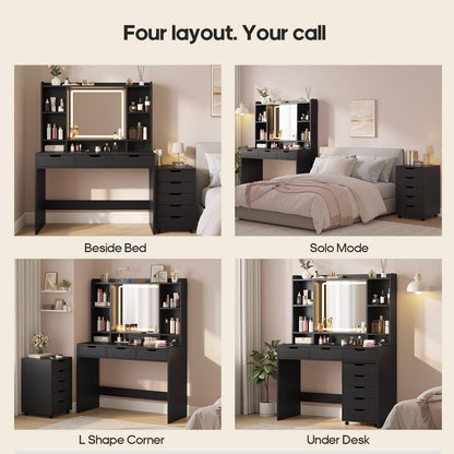 ADORNEVE Makeup Vanity with Rolling Drawer Cabinet and 8-Drawer 6 Shelves Vanity Desk with 3-Color LED Touch Mirror and Built-in Power Outlet