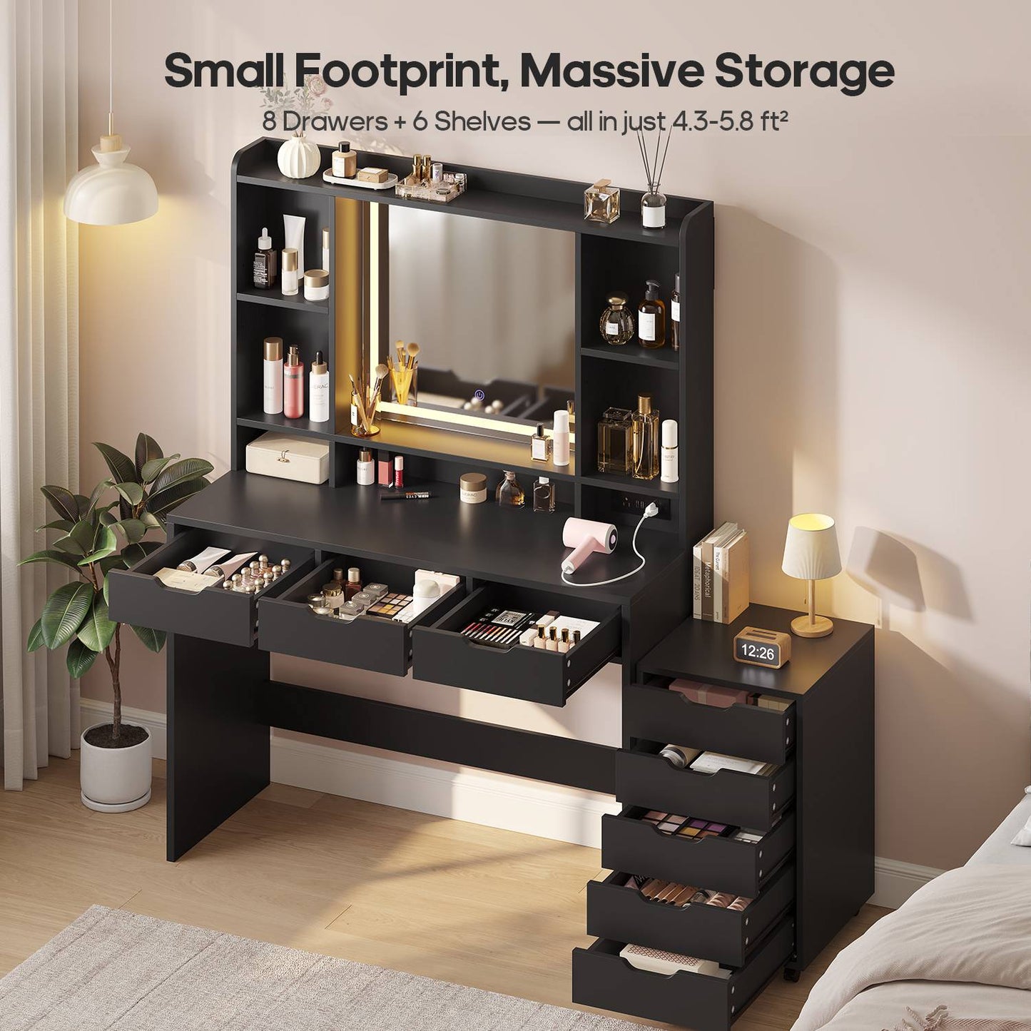 ADORNEVE Makeup Vanity with Rolling Drawer Cabinet and 8-Drawer 6 Shelves Vanity Desk with 3-Color LED Touch Mirror and Built-in Power Outlet