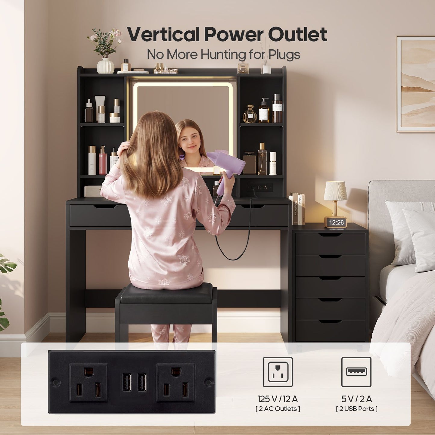 ADORNEVE Makeup Vanity with Rolling Drawer Cabinet and 8-Drawer 6 Shelves Vanity Desk with 3-Color LED Touch Mirror and Built-in Power Outlet