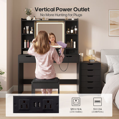 ADORNEVE Makeup Vanity with Rolling Drawer Cabinet and 8-Drawer 6 Shelves Vanity Desk with 3-Color LED Touch Mirror and Built-in Power Outlet