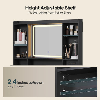 ADORNEVE Makeup Vanity with Rolling Drawer Cabinet and 8-Drawer 6 Shelves Vanity Desk with 3-Color LED Touch Mirror and Built-in Power Outlet