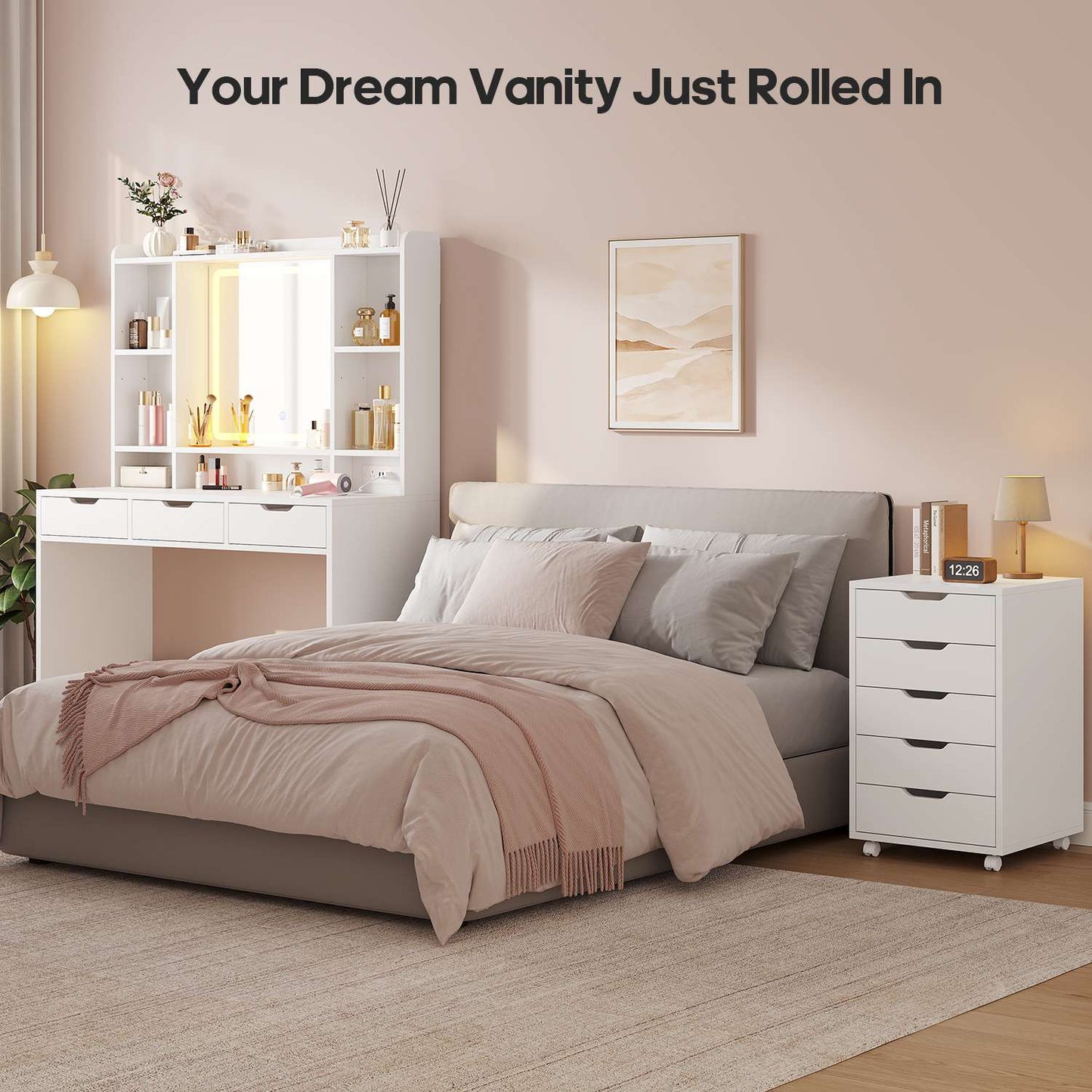 ADORNEVE Makeup Vanity with Rolling Drawer Cabinet and 8-Drawer 6 Shelves Vanity Desk with 3-Color LED Touch Mirror and Built-in Power Outlet