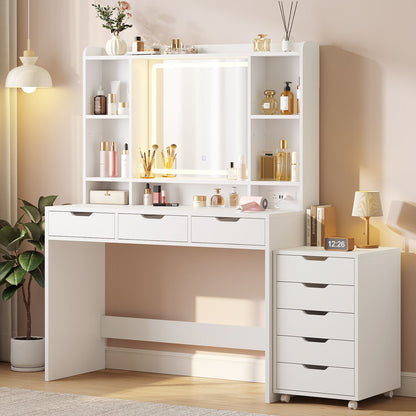 ADORNEVE Makeup Vanity with Rolling Drawer Cabinet and 8-Drawer 6 Shelves Vanity Desk with 3-Color LED Touch Mirror and Built-in Power Outlet