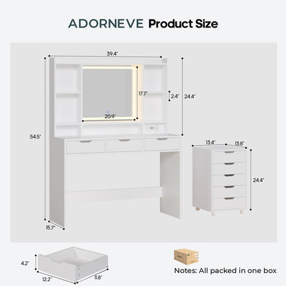 ADORNEVE Makeup Vanity with Rolling Drawer Cabinet and 8-Drawer 6 Shelves Vanity Desk with 3-Color LED Touch Mirror and Built-in Power Outlet