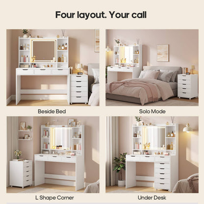ADORNEVE Makeup Vanity with Rolling Drawer Cabinet and 8-Drawer 6 Shelves Vanity Desk with 3-Color LED Touch Mirror and Built-in Power Outlet
