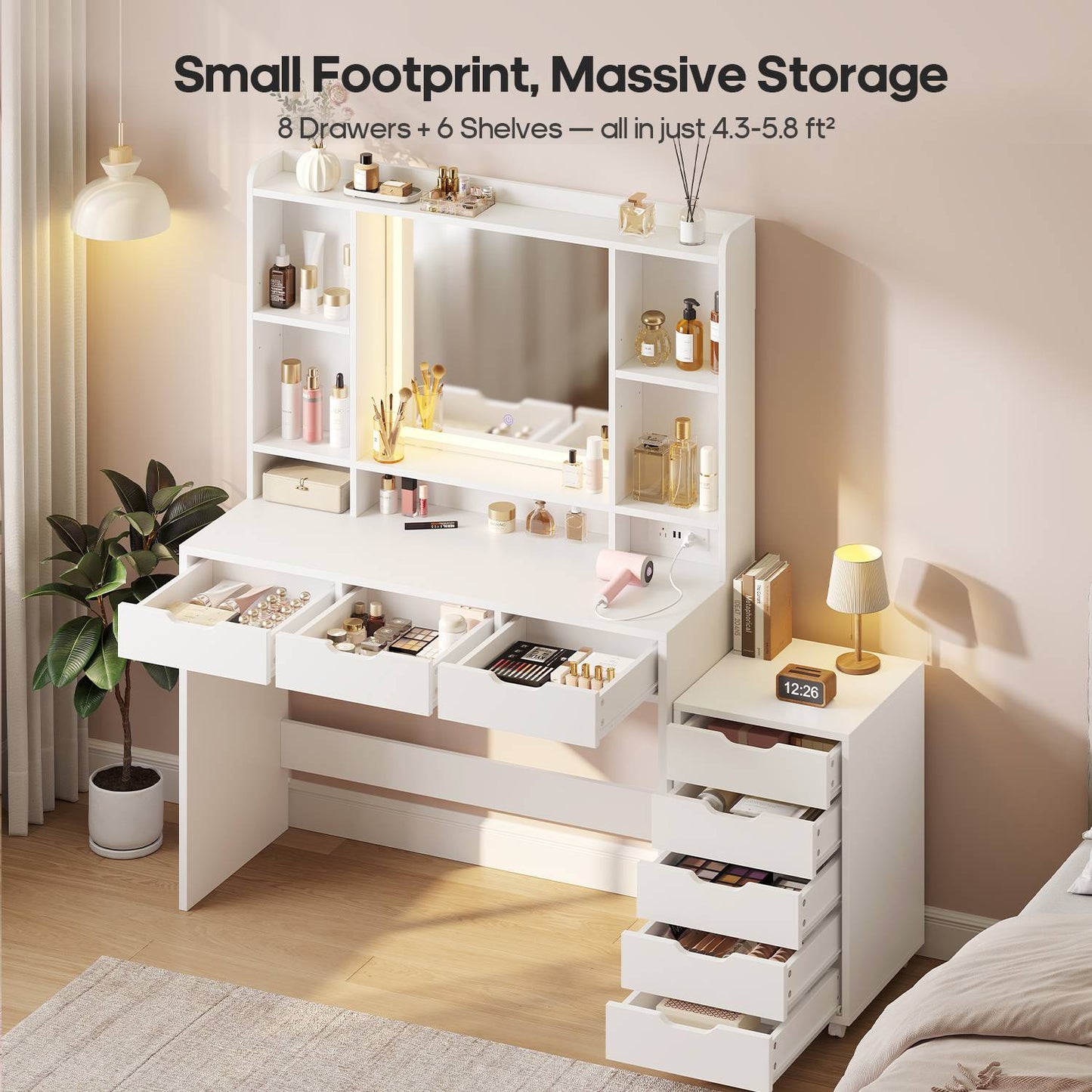 ADORNEVE Makeup Vanity with Rolling Drawer Cabinet and 8-Drawer 6 Shelves Vanity Desk with 3-Color LED Touch Mirror and Built-in Power Outlet