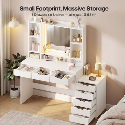 ADORNEVE Makeup Vanity with Rolling Drawer Cabinet and 8-Drawer 6 Shelves Vanity Desk with 3-Color LED Touch Mirror and Built-in Power Outlet
