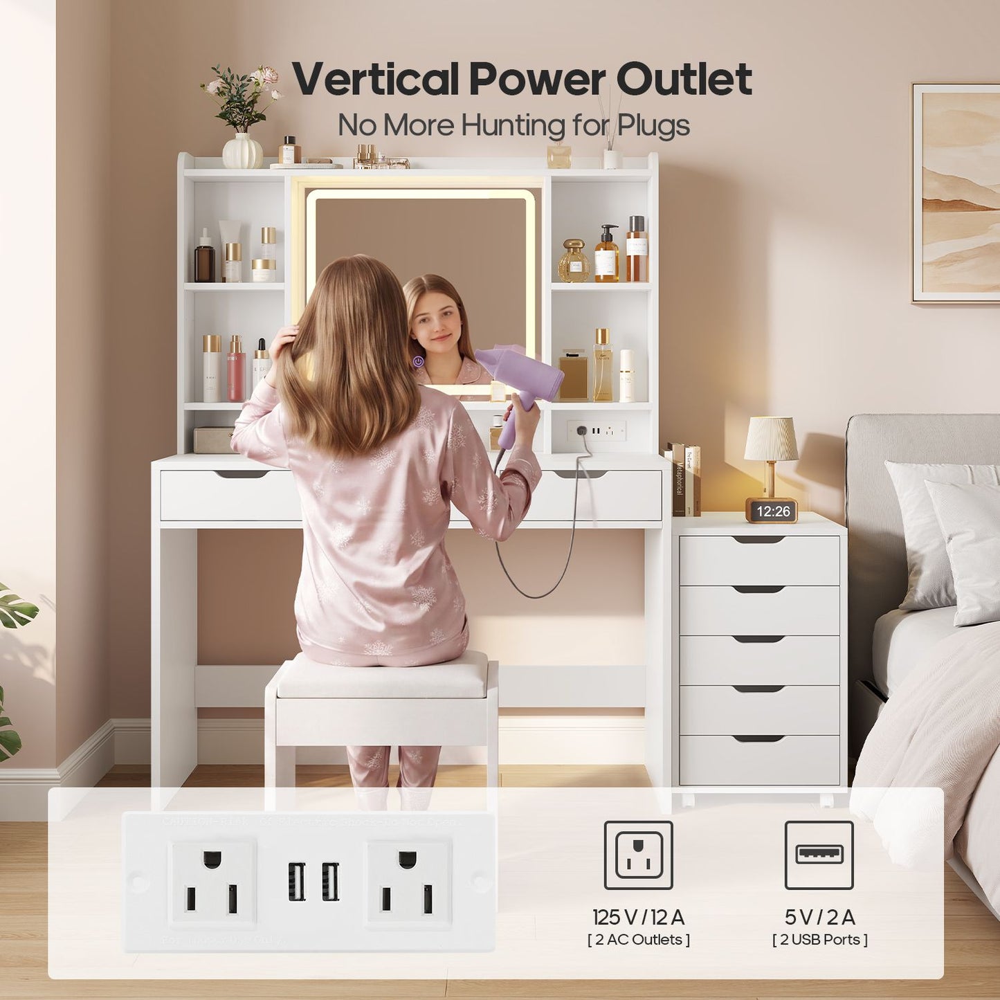 ADORNEVE Makeup Vanity with Rolling Drawer Cabinet and 8-Drawer 6 Shelves Vanity Desk with 3-Color LED Touch Mirror and Built-in Power Outlet