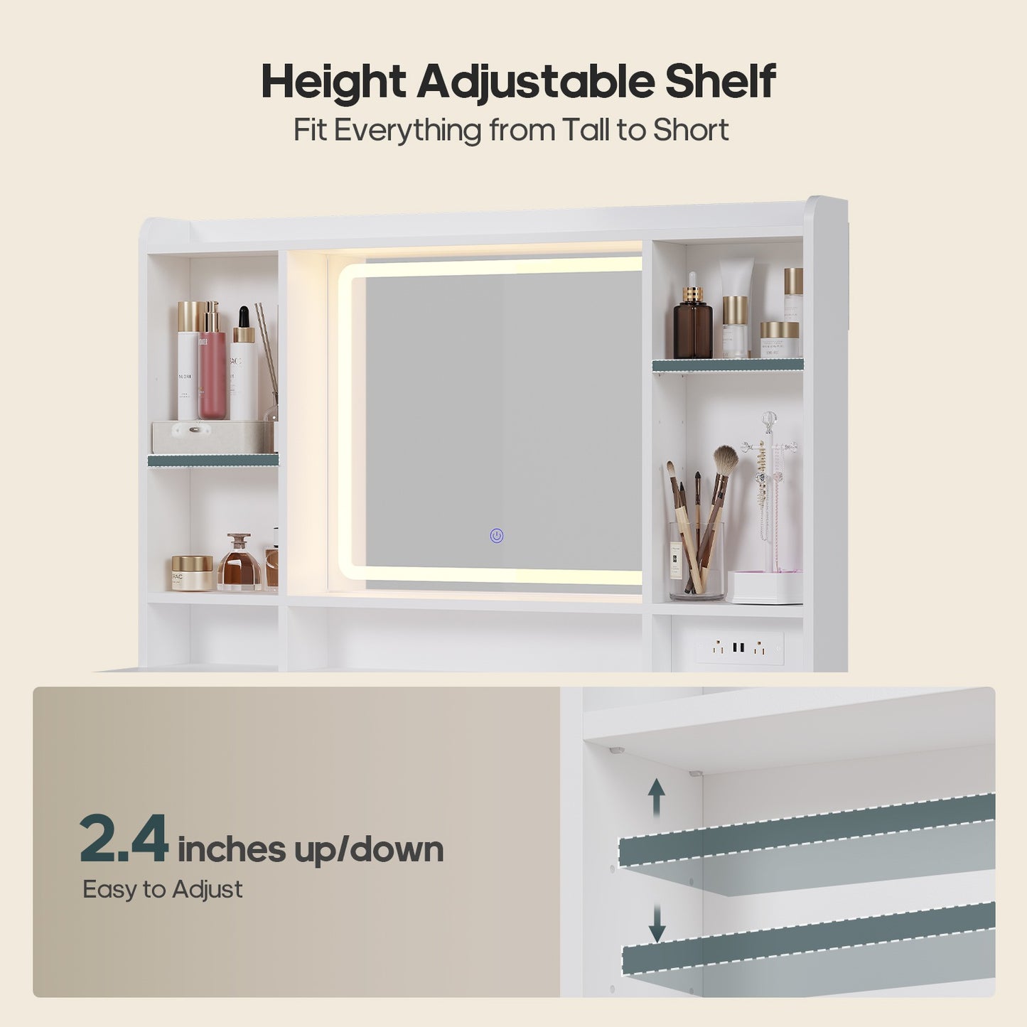 ADORNEVE Makeup Vanity with Rolling Drawer Cabinet and 8-Drawer 6 Shelves Vanity Desk with 3-Color LED Touch Mirror and Built-in Power Outlet
