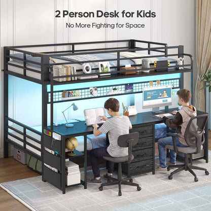 ADORNEVE Bunk Bed Twin Over Twin with 2 Person Desk and Power Outles LED Bunk Bed with 4 Drawers Storage Rack and 4 Shelves Metal Bunk Beds with Guardrai