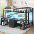 ADORNEVE Bunk Bed Twin Over Twin with 2 Person Desk and Power Outles LED Bunk Bed with 4 Drawers Storage Rack and 4 Shelves Metal Bunk Beds with Guardrai