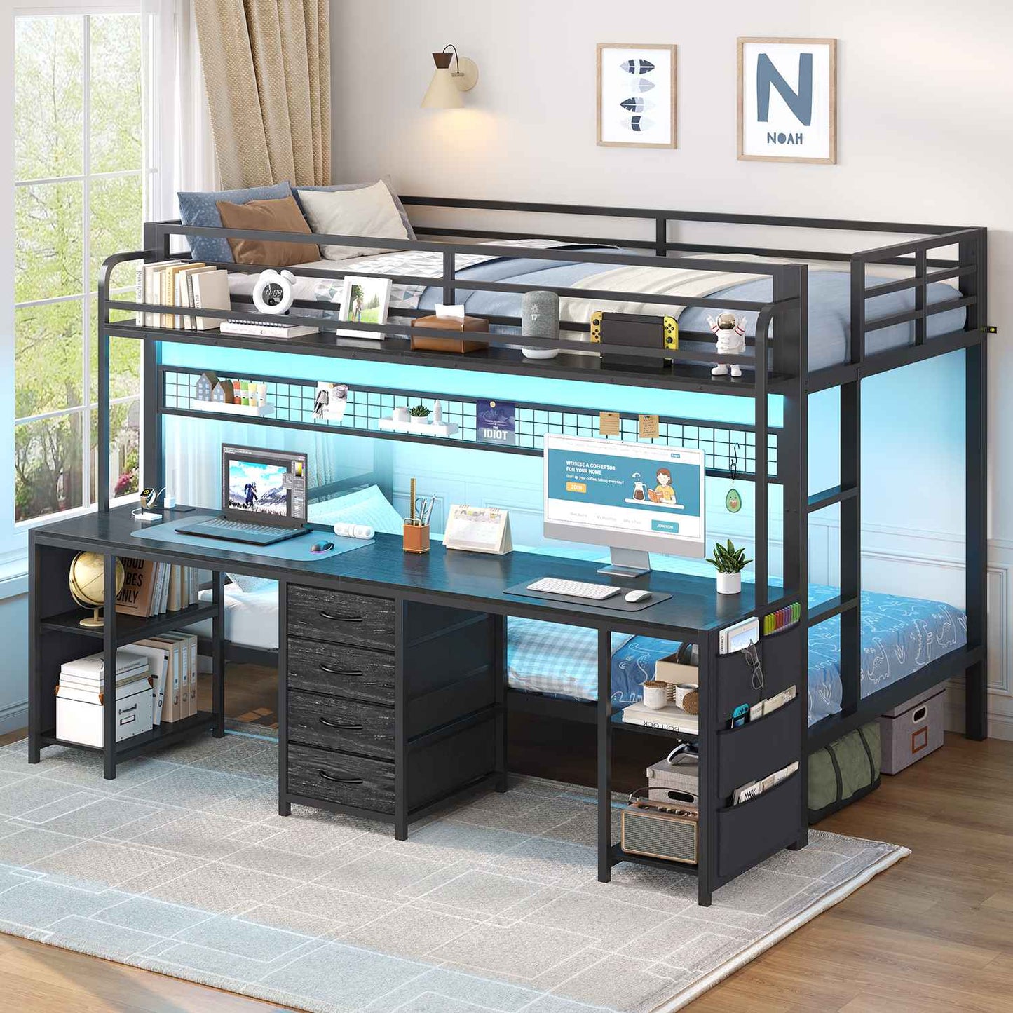 ADORNEVE Bunk Bed Twin Over Twin with 2 Person Desk and Power Outles LED Bunk Bed with 4 Drawers Storage Rack and 4 Shelves Metal Bunk Beds with Guardrai