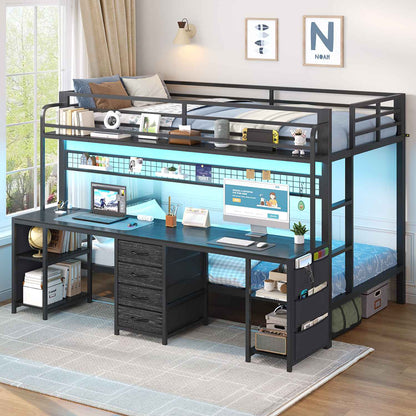 ADORNEVE Bunk Bed Twin Over Twin with 2 Person Desk and Power Outles LED Bunk Bed with 4 Drawers Storage Rack and 4 Shelves Metal Bunk Beds with Guardrai