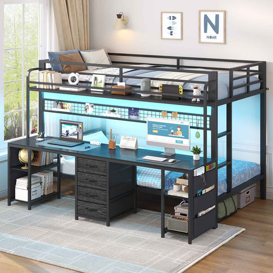 ADORNEVE Bunk Bed Twin Over Twin with 2 Person Desk and Power Outles LED Bunk Bed with 4 Drawers Storage Rack and 4 Shelves Metal Bunk Beds with Guardrai