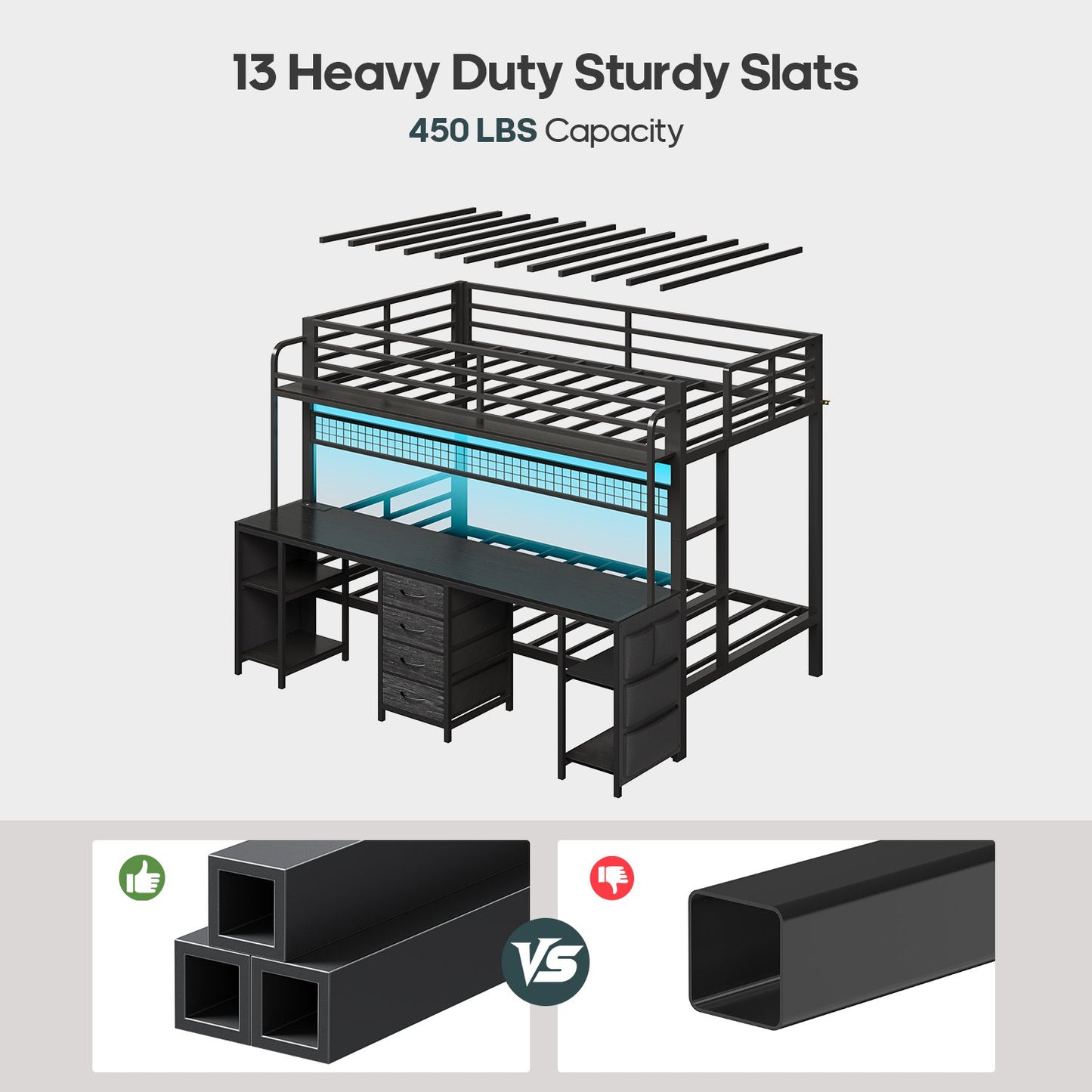 ADORNEVE Bunk Bed Twin Over Twin with 2 Person Desk and Power Outles LED Bunk Bed with 4 Drawers Storage Rack and 4 Shelves Metal Bunk Beds with Guardrai
