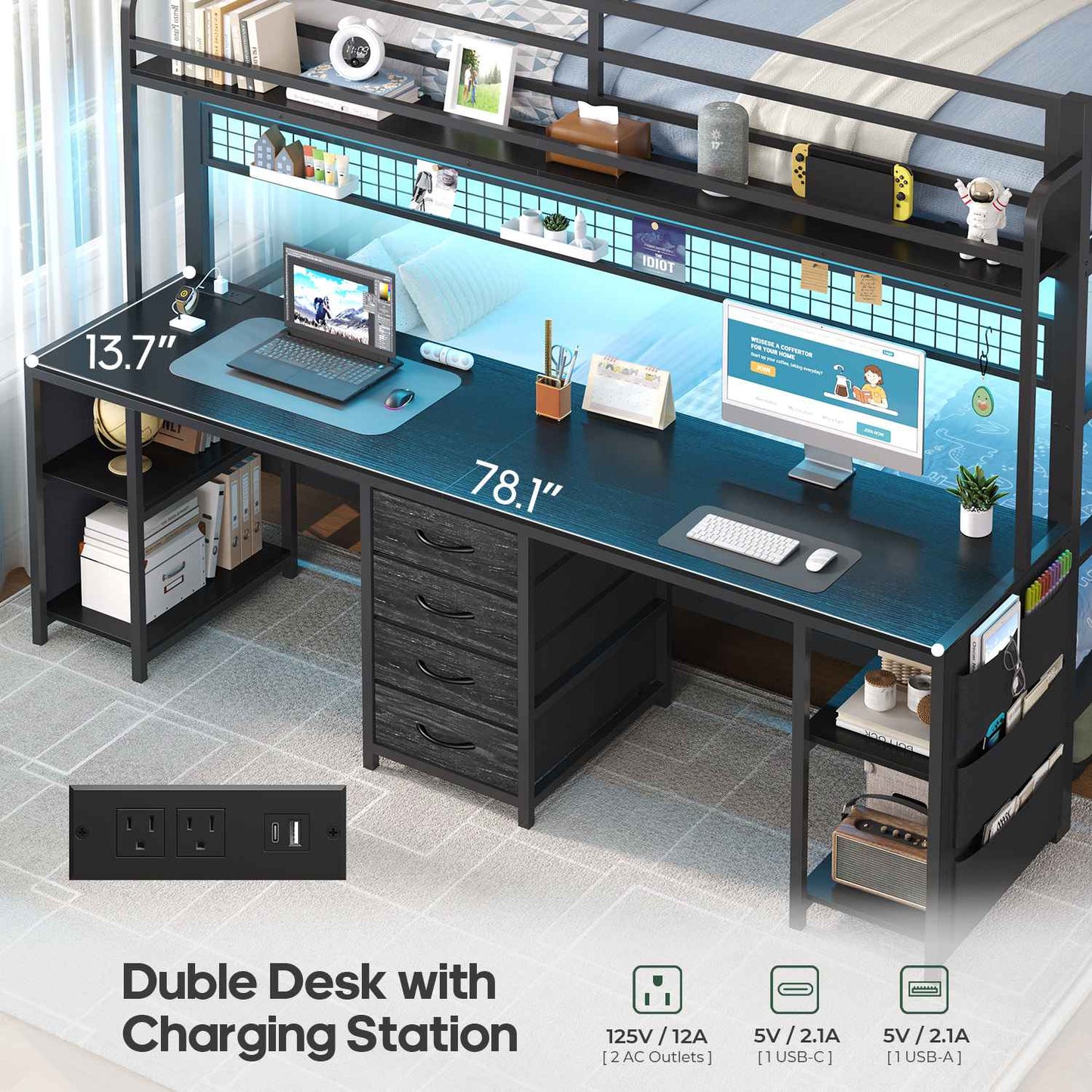 ADORNEVE Bunk Bed Twin Over Twin with 2 Person Desk and Power Outles LED Bunk Bed with 4 Drawers Storage Rack and 4 Shelves Metal Bunk Beds with Guardrai