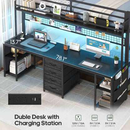 ADORNEVE Bunk Bed Twin Over Twin with 2 Person Desk and Power Outles LED Bunk Bed with 4 Drawers Storage Rack and 4 Shelves Metal Bunk Beds with Guardrai