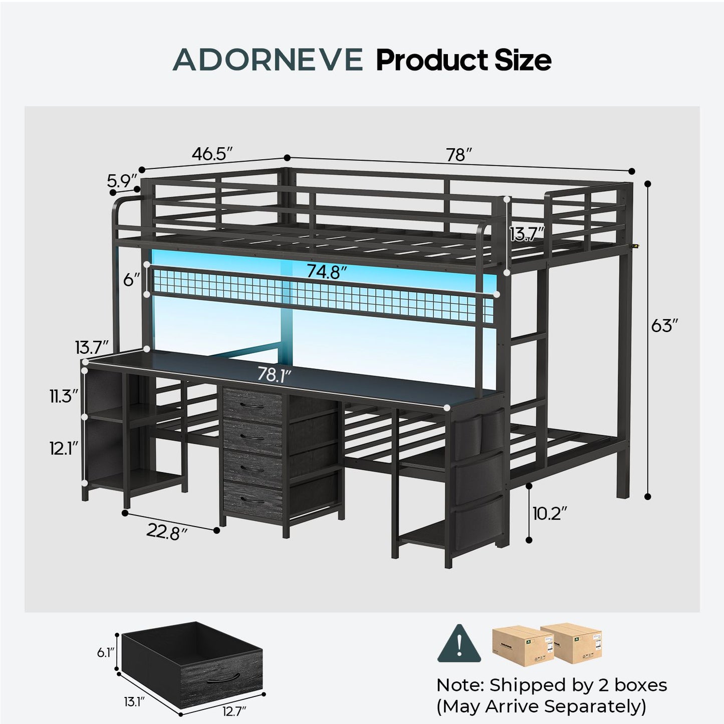ADORNEVE Bunk Bed Twin Over Twin with 2 Person Desk and Power Outles LED Bunk Bed with 4 Drawers Storage Rack and 4 Shelves Metal Bunk Beds with Guardrai
