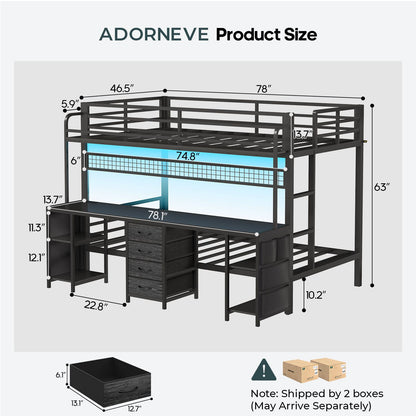 ADORNEVE Bunk Bed Twin Over Twin with 2 Person Desk and Power Outles LED Bunk Bed with 4 Drawers Storage Rack and 4 Shelves Metal Bunk Beds with Guardrai