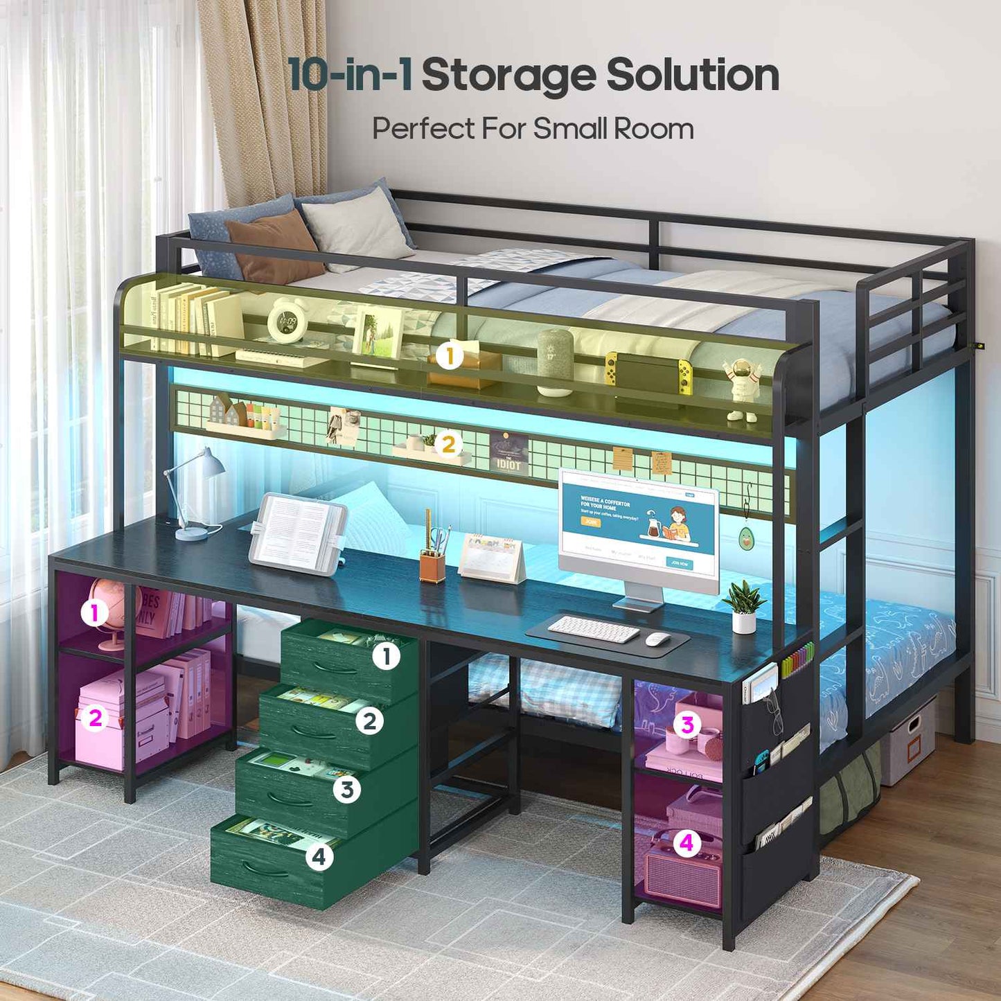 ADORNEVE Bunk Bed Twin Over Twin with 2 Person Desk and Power Outles LED Bunk Bed with 4 Drawers Storage Rack and 4 Shelves Metal Bunk Beds with Guardrai