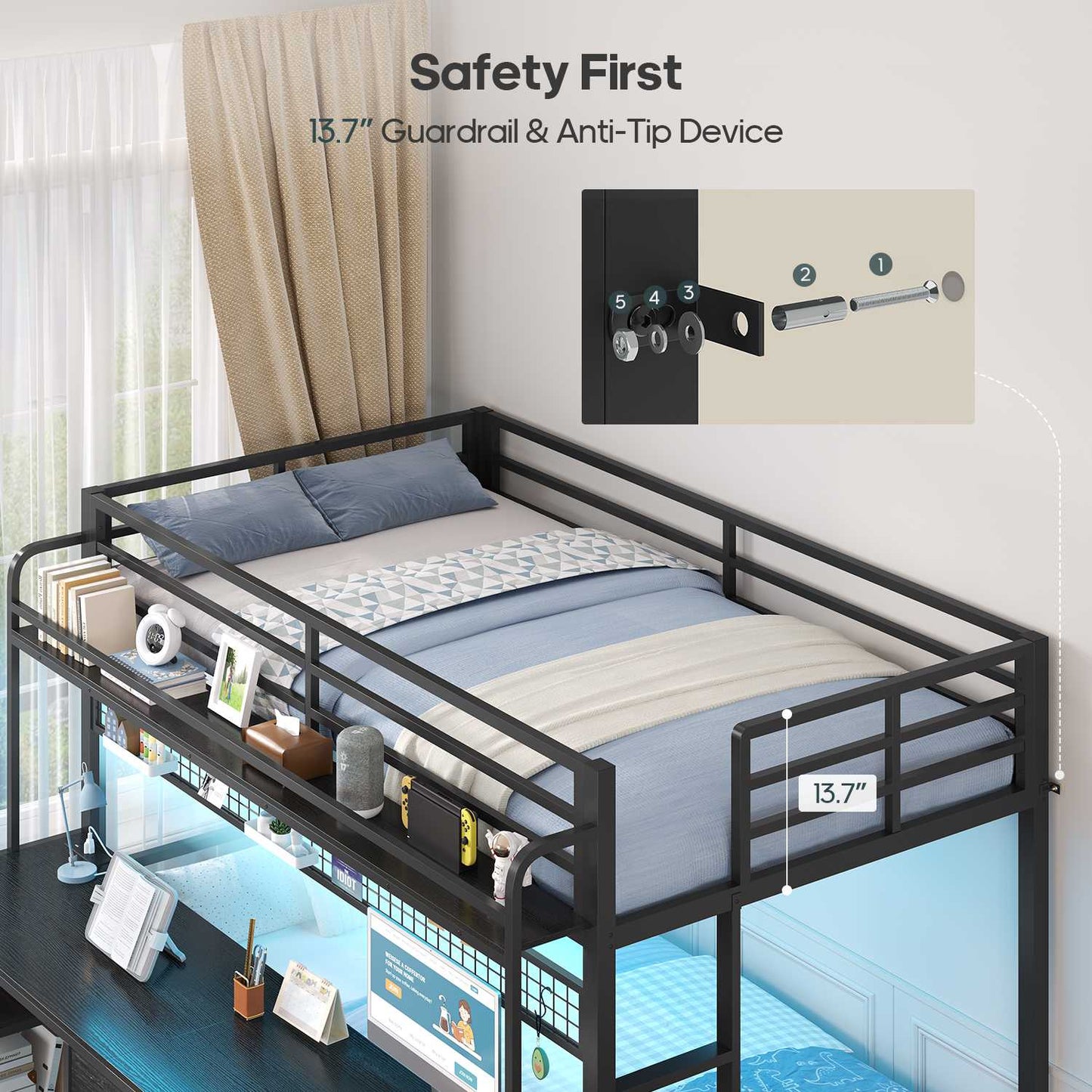 ADORNEVE Bunk Bed Twin Over Twin with 2 Person Desk and Power Outles LED Bunk Bed with 4 Drawers Storage Rack and 4 Shelves Metal Bunk Beds with Guardrai