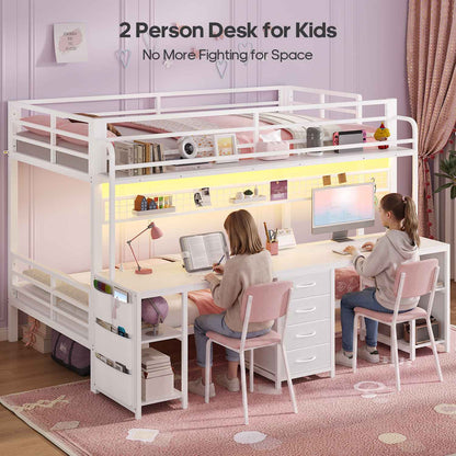 ADORNEVE Bunk Bed Twin Over Twin with 2 Person Desk and Power Outles LED Bunk Bed with 4 Drawers Storage Rack and 4 Shelves Metal Bunk Beds with Guardrai