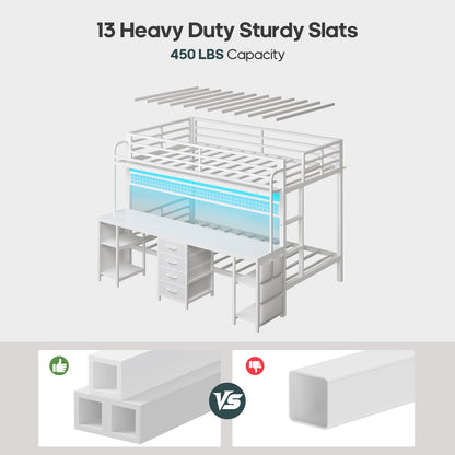ADORNEVE Bunk Bed Twin Over Twin with 2 Person Desk and Power Outles LED Bunk Bed with 4 Drawers Storage Rack and 4 Shelves Metal Bunk Beds with Guardrai
