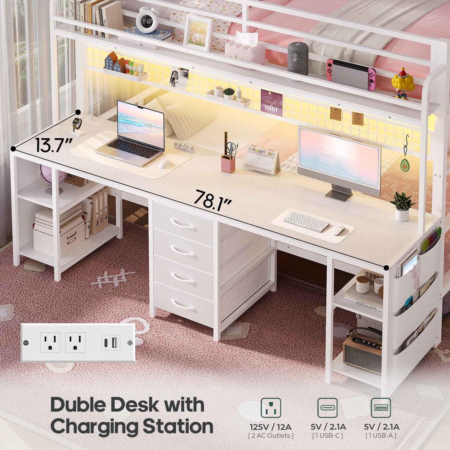 ADORNEVE Bunk Bed Twin Over Twin with 2 Person Desk and Power Outles LED Bunk Bed with 4 Drawers Storage Rack and 4 Shelves Metal Bunk Beds with Guardrai