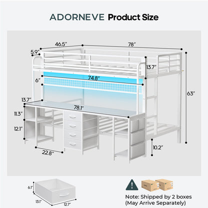 ADORNEVE Bunk Bed Twin Over Twin with 2 Person Desk and Power Outles LED Bunk Bed with 4 Drawers Storage Rack and 4 Shelves Metal Bunk Beds with Guardrai