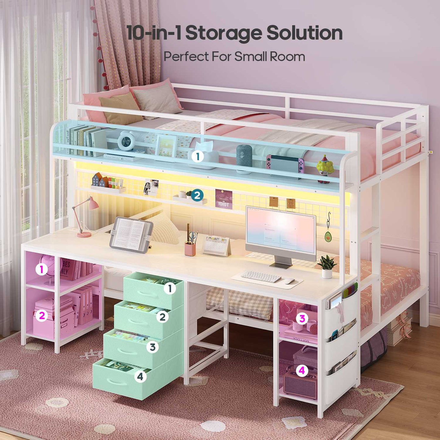 ADORNEVE Bunk Bed Twin Over Twin with 2 Person Desk and Power Outles LED Bunk Bed with 4 Drawers Storage Rack and 4 Shelves Metal Bunk Beds with Guardrai