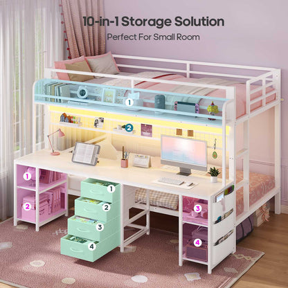 ADORNEVE Bunk Bed Twin Over Twin with 2 Person Desk and Power Outles LED Bunk Bed with 4 Drawers Storage Rack and 4 Shelves Metal Bunk Beds with Guardrai