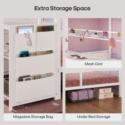 ADORNEVE Bunk Bed Twin Over Twin with 2 Person Desk and Power Outles LED Bunk Bed with 4 Drawers Storage Rack and 4 Shelves Metal Bunk Beds with Guardrai